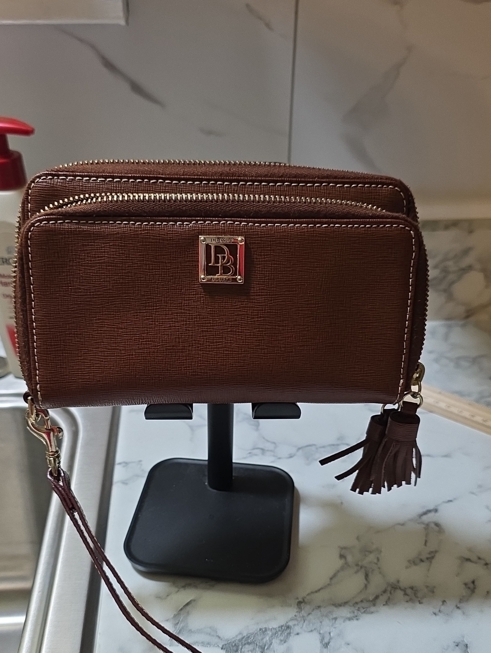 Brown Leather Crossbody Wristlet with Tassel
